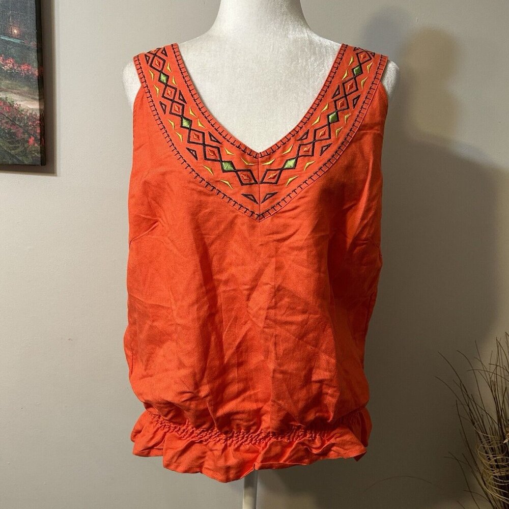NWT Appraisal Plus Orange Sleeveless Tank Top Embroidered V Neck Ramie Sz 1X